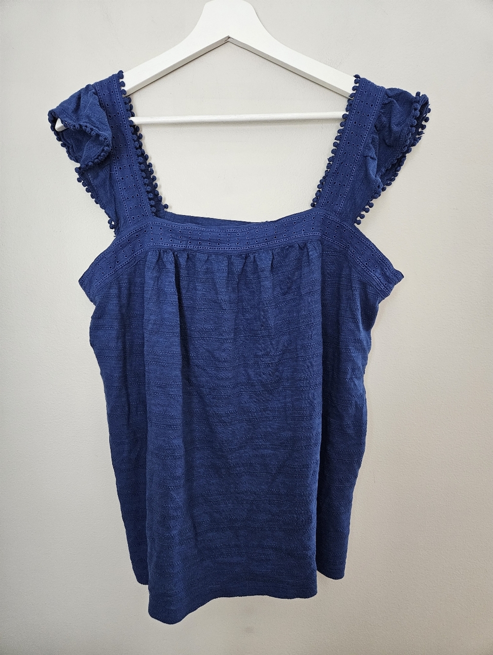 Style & Co Women’s Blue Square-Neck Eyelet Flutter Strap Tank Top Pom-Pom Trim - Picture 9 of 9